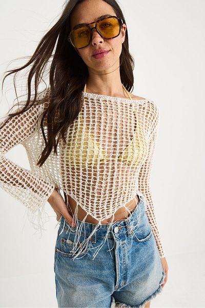 Bianco Lucci Women's Mesh Detail Tasseled Openwork Knitwear Blouse 20251003
