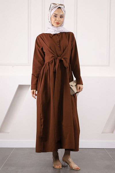 İmajButik Φόρεμα με καφέ ζώνη μέσης