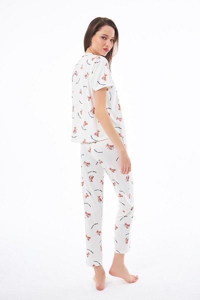 Cottonhill Premium Women's Pajama Set Teddy Bear Patterned Soft Textured Short Sleeve Crew Neck