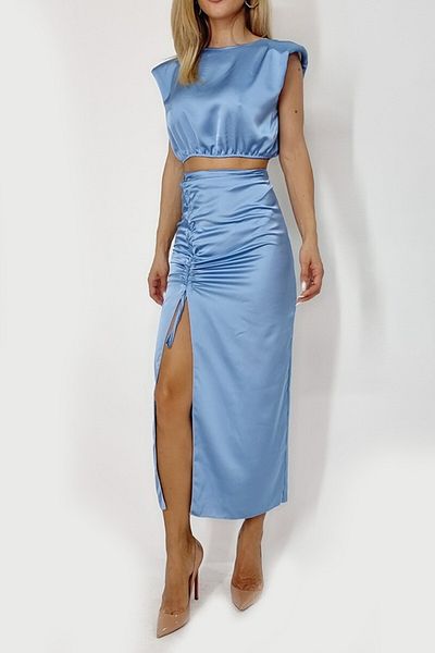 FashionForYou Kate set, blue satin skirt and top, One Size S/M, Neon Blue