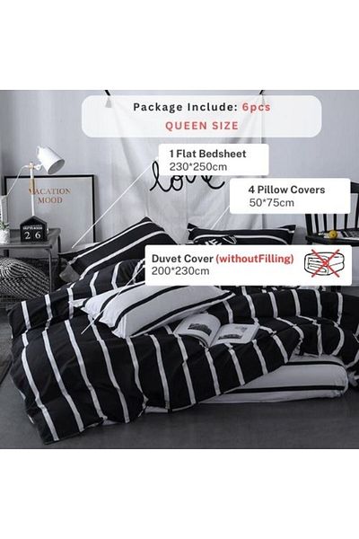 LUNA HOME Queen/double Size 6 Pieces Set Without Filler, Black & White Stripes Design.