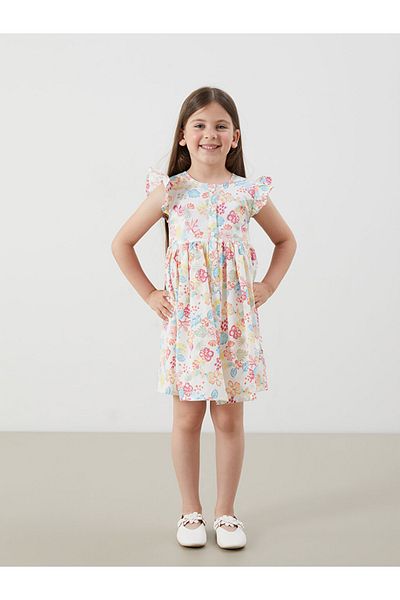 LC Waikiki Girl's 100% Cotton Short Sleeve Flower Patterned Dress