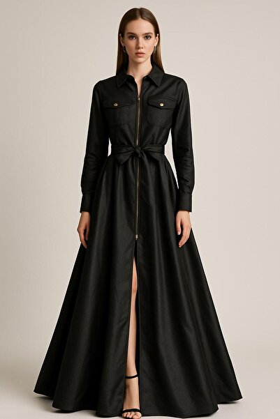 UNTIMELY Önden Fermuarlı, Utility Cep Detaylı & Kuşaklı Maxi Tafta Elbise