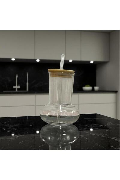 Tutku Trend Bambu Kapaklı Pipetli Cam Bardak - Soğuk İçecek Detoks Kupası