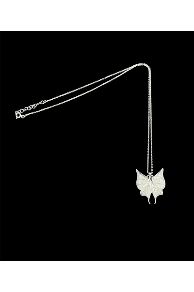 nefjewelrydesign 3.59gram 925 Ayar Gümüş 44cm Zincirli Turkuaz Zirkon Taşlı Kelebek Kolye