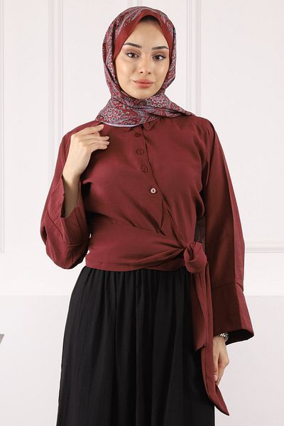 İmajButik Μπορντό πουκάμισο με δεμένη μέση