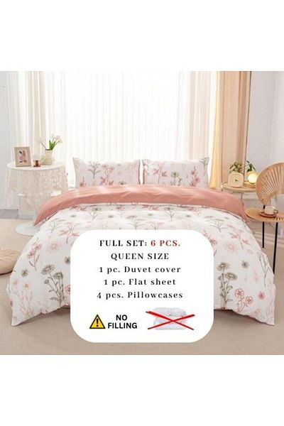 LUNA HOME Queen size 6-piece peach bedding set featuring a botanical floral design duvet cover