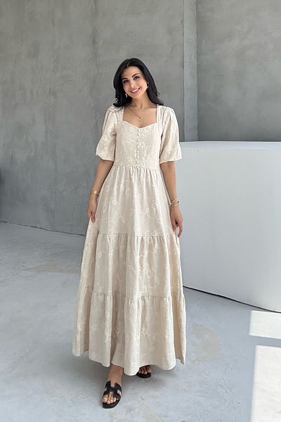 Seda Yalçın Atelier Marseille Balloon Sleeve Embroidered Beige Dress