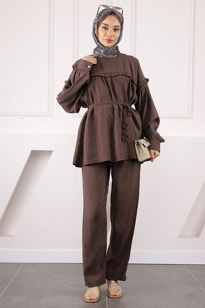 İmajButik Σετ Modal με καφέ παντελόνι με κορδόνι μέσης