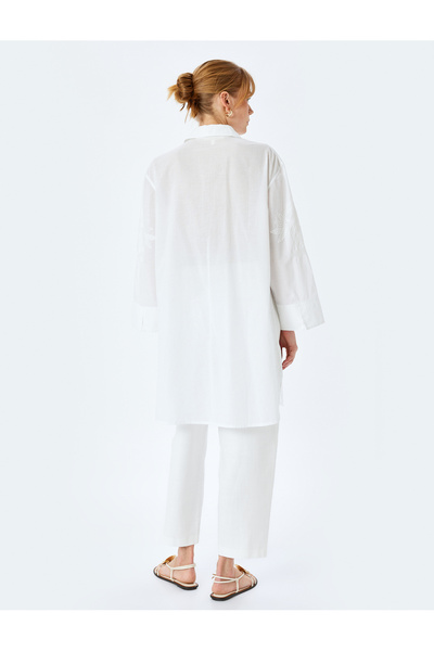 Koton Βαμβακερό φλοράλ κέντημα Λεπτομερές πουκάμισο με μανίκια 3/4 με μακρύ γιακά μεγάλου μεγέθους