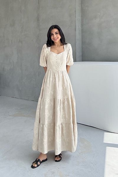 Seda Yalçın Atelier Marseille Balloon Sleeve Embroidered Beige Dress
