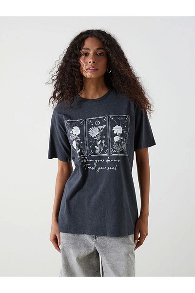 LC Waikiki XSIDE Anthracite Crew Neck Floral γυναικείο μπλουζάκι