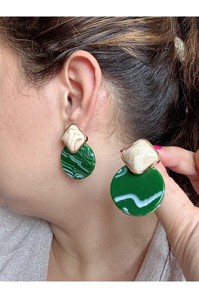 Gümüş sandık Two Color Geometric Dangle Steel Earrings