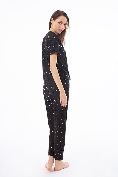Cottonhill Premium Women's Pajama Set Black Heart Pattern Soft Texture Short Sleeve Crew Neck