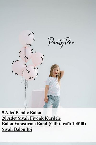 PartyPoo Pink Balloon Set with Black Bow Ribbon – Party Decor Bow Balloon for Birthday & Baby Shower