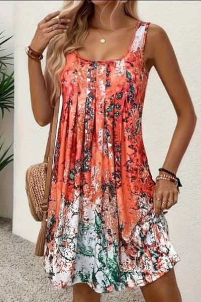 Mossta Zero Sleeve Pleated Loose Cut Single Jersey Dress - Patterned