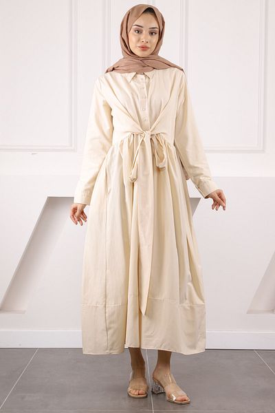 İmajButik Φόρεμα μπεζ με ζώνη μέσης