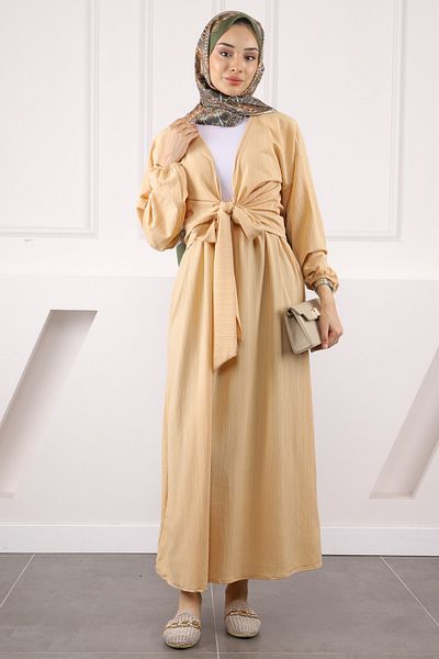 İmajButik Μπεζ Σετ Μπλούζα με Πλαϊνή Φούστα