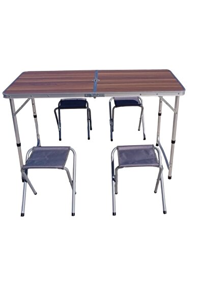 Temiz Pazar Çanta Tipi 4 Tabureli Katlanır Kamp Masa Seti - Ahşap Desen