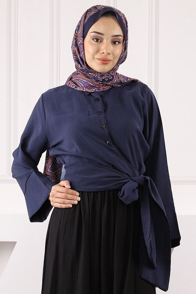 İmajButik Πουκάμισο Modal με μπλε ναυτικό δεμένο στη μέση
