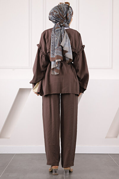 İmajButik Σετ Modal με καφέ παντελόνι με κορδόνι μέσης