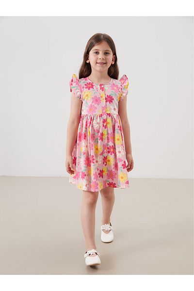 LC Waikiki Girl's 100% Cotton Short Sleeve Flower Patterned Dress
