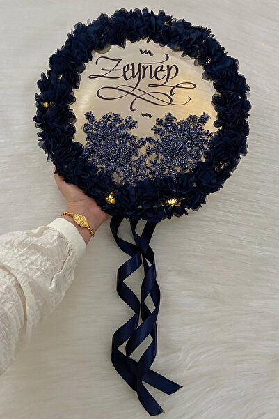 ZEYMERADE Lacivert Ledli Şeffaf Kaligrafi Gelin Tefi 32cm Vip Güpür Ve Çiçek ...