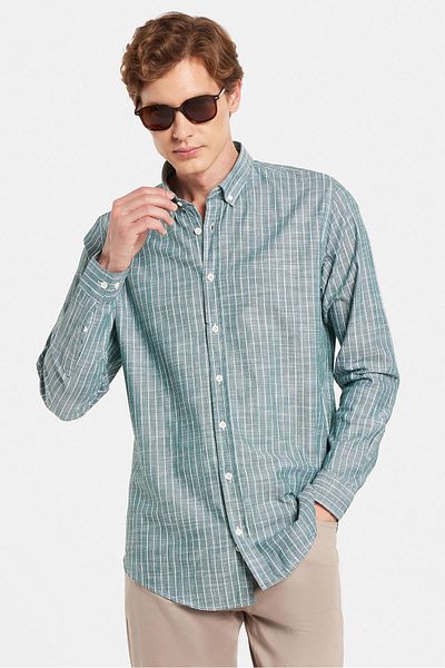 Tudors Ανδρικό Slim Fit Slim Fit με κουμπιά Αθλητικό πέτο με λινό εφέ 100% βαμβακερό ριγέ καλοκαιρινό πράσινο πουκάμισο