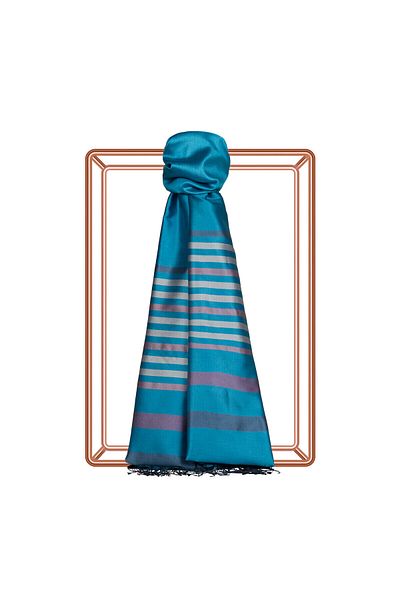 ipekevi Turquoise Thin Meridian Striped Silk Shawl