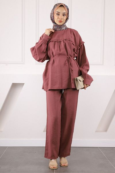 İmajButik Σετ Modal με Dusty Rose Waistband Παντελόνι με κορδόνι