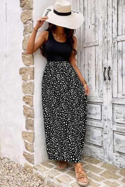 Mossta Thick Strap Top Viscose Bottom Patterned Wrap Dress - Black