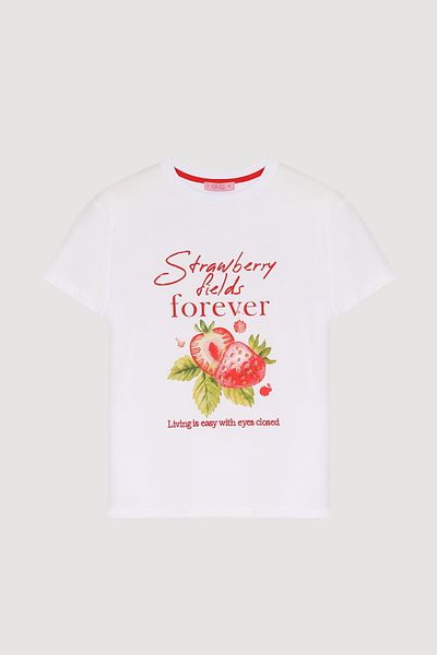 Quzu Tricou cu broderie cu text imprimat cu căpșuni alb