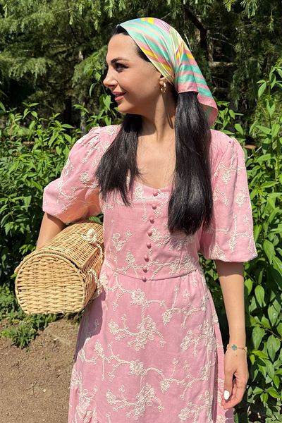 Seda Yalçın Atelier Embroidered Pink Dress with Marseille Balloon Sleeves
