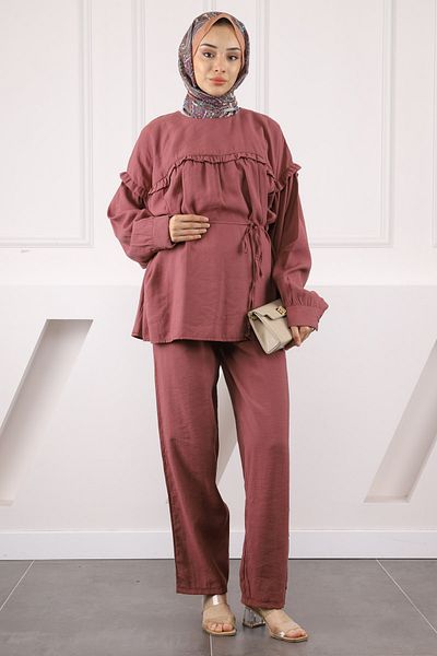 İmajButik Σετ Modal με Dusty Rose Waistband Παντελόνι με κορδόνι