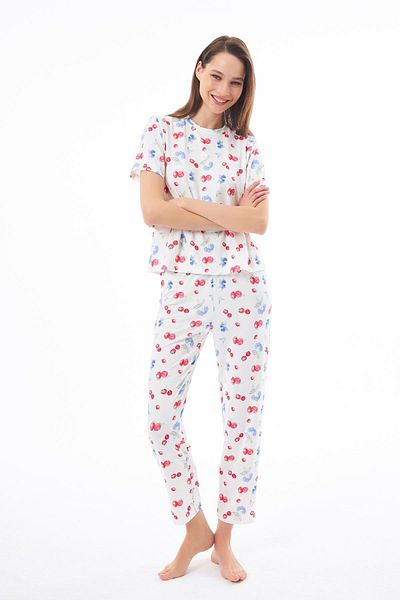 Cottonhill Premium Women's Pajama Set Fruit Pattern Soft Texture Short Sleeve Crew Neck