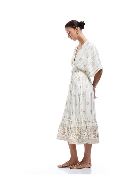 Koton Loose Fit Short Batwing Sleeve Glitter Ethnic Print Long Double Breasted Dress