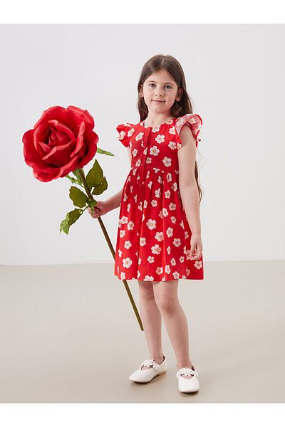LC Waikiki Girl's 100% Cotton Short Sleeve Flower Patterned Dress