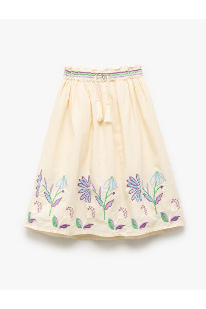 Koton Floral Embroidered Waist Tie Pleated Skirt