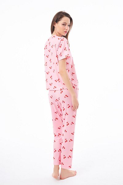 Cottonhill Premium Women's Pajama Set Cherry Pattern Soft Textured Short Sleeve Crew Neck