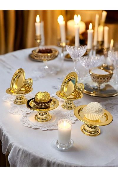 İLİVA Set of 6 Decorative Gold Plated Footed Turkish Delight Holder Macaron Holder Coffee Side Presentation Holder Turkish Delight Holder