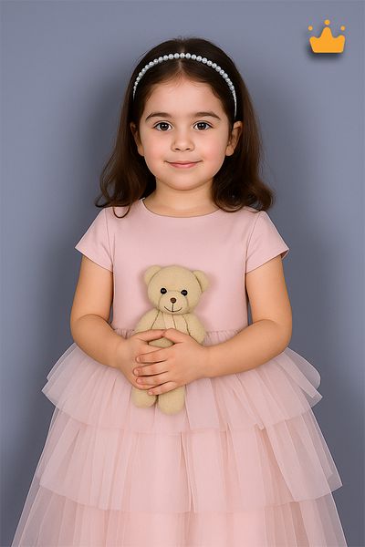 MİNİMONY Βραδινό φόρεμα για κορίτσια 4-8 ετών με μαργαριταρένιο στέμμα και τούλινη φούστα Εορταστικό νυφικό ροζ 6572