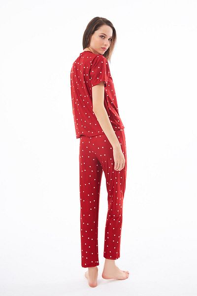 Cottonhill Premium Women's Pajama Set Red Heart Pattern Soft Textured Short Sleeve Crew Neck