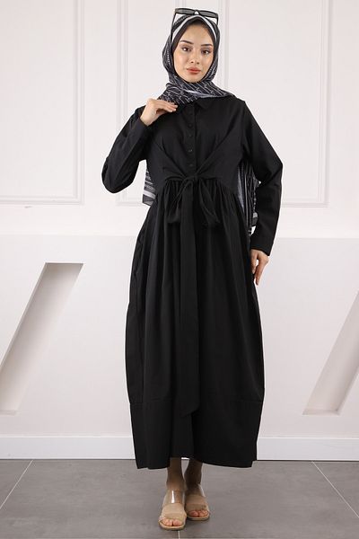 İmajButik Μαύρο φόρεμα με ζώνη μέσης