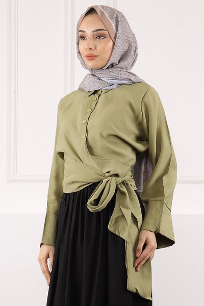 İmajButik Πουκάμισο Modal με δεμένη μέση χακί