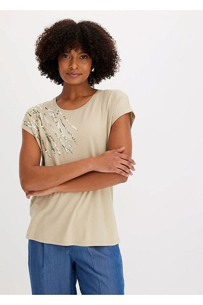 Şans Women's Plus Size Beige, Sequin Embroidered, Crew Neck Viscose Blouse 65N38988