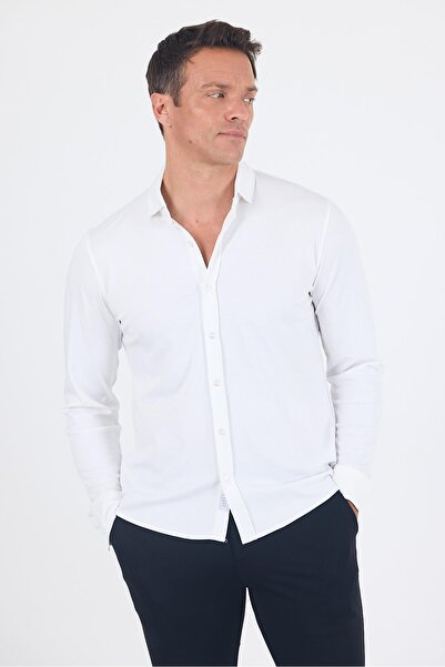 İmza Cămașă albă cu mânecă lungă, tricotată, cu guler polo, fără buzunare, elastică, clasică, slim fit 1004250153