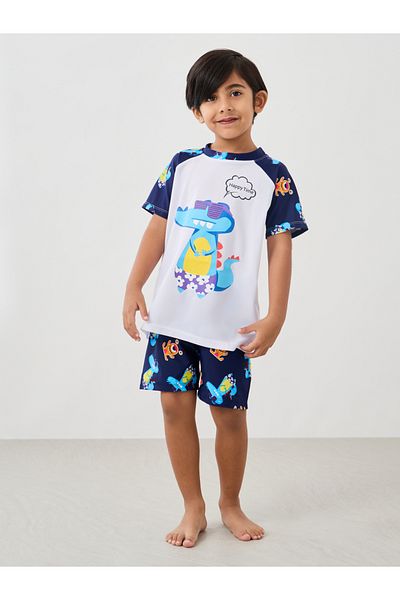 Styli Graphic Print Reglan Sleeve Swim T-Shirt with Shorts and Cap Set