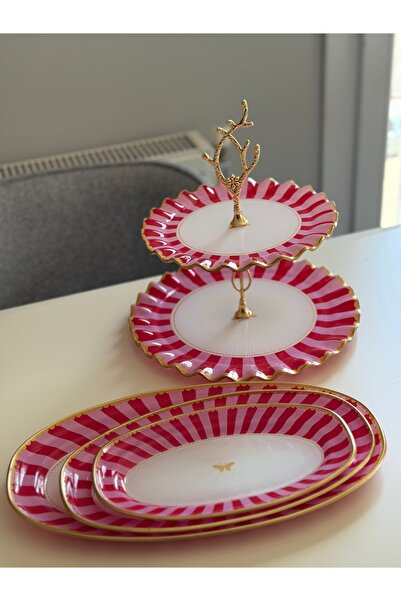 Hediye Köşkü Pembe Kelebekli Cam 4lü Sunum Seti