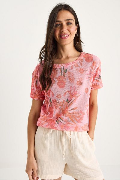 Bianco Lucci Women's Crew Neck Patterned Digital Printed Regular Summer Knitted T-Shirt 60282015