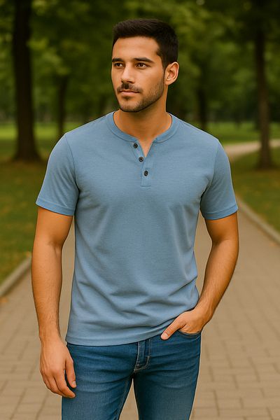 UOMOPARK 2124 Henley T-shirt Καφέ με λεπτομέρεια με κουμπιά Basic Casual T-shirt